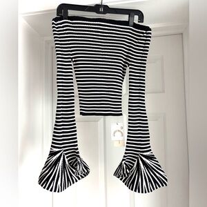 Commense Black and White off the shoulder Striped Knit Top